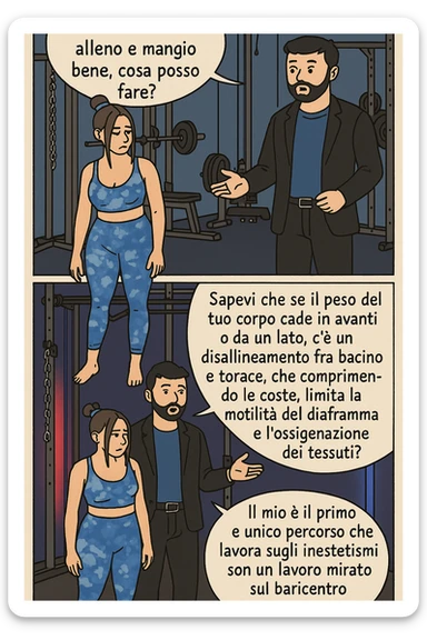 TRASFORMA QUESTO CAROSELLO IN UN FUMETTO CON QUESTE DUE PERSONE IDENTICHE CHE INTERLOQUISCONO TRA LORO:

LEI: Ho la cellulite anche se mi alleno e mangio bene, cosa posso fare?

LUI: Hai controllato il tuo baricentro corporeo?
LUI: Sapevi che se il peso del tuo corpo cade in avanti o da un lato, c’è un disallineamento fra bacino e torace, che comprimendo le coste, limita la motilità del diaframma e l’ossigenazione dei tessuti?
LUI: Il mio è il primo e unico percorso che lavora sugli inestetismi con un lavoro mirato sul baricentro corporeo. sticker