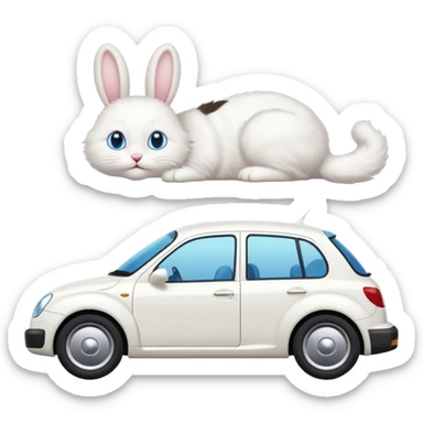 Please create a small emoji the size of 🚗 featuring a pure white cat with bunny tail with blue eyes on a white saloon car viewed from side. Again it is necessary that the emoji must be extremely small, much smaller than a standard sized sticker. sticker