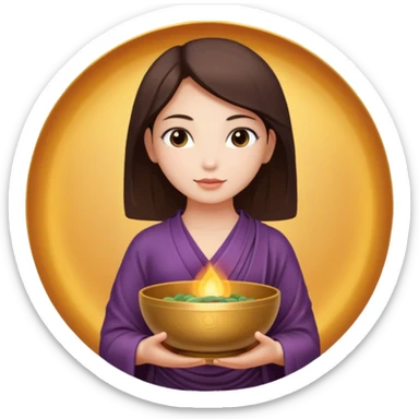 A woman  holds a Buddhist bowl in her hands. There is a glow around the girl. sticker