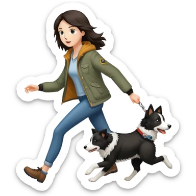 A beautiful tall girl with fair skin wearing a jacket chasing a Border Collie sticker