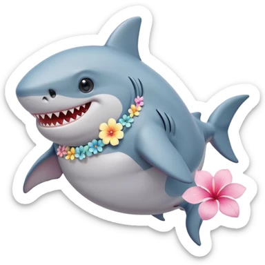 A cute chubby shark with hawaii pastel flower necklace, posing proudly. sticker