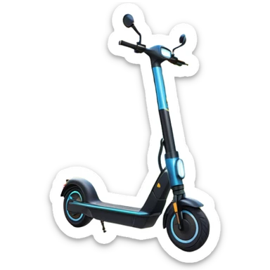 An icon featuring a sleek electric scooter parked on a scenic path. The background showcases a vibrant city park with green trees, flowers, and a clear blue sky. The sun sets in the distance, casting a warm golden glow on the landscape. Transparent background sticker