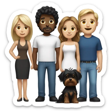 A white man with black hair, a white woman with brown hair, a Yorkshire terrier and a black dog with white breasts sticker