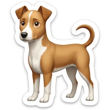 a full body large white parson russell looking dog the size of a kelpie with light brown flapped down ears and a light brown patch on one eye and a large snout sticker