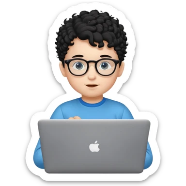 A baby boy DEVELOPER WITH A laptop, black curly hair and topknot, wearing glasses sticker