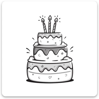 A decorated birthday cake with layers and frosting in pastel colors (dd9fb0, ffc6d3, a3bfc9, c4bee2, f1b091), hand-drawn doodle style sticker