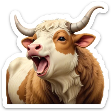 Cinematic Cute Yawning Domestic Ox Portrait Emoji, Head tilted slightly with a dramatic, wide-open yawn, showcasing a soft, textured hide with drooping horns and half-closed, drowsy eyes, Simplified yet irresistibly adorable features, highly detailed, glowing with a soft, cozy natural glow, high shine, relaxed yet expressive, stylized with a dash of pastoral whimsy, soft glowing outline, capturing the essence of a sleepy yet affectionate ox that seems ready to stretch out for a nap! sticker