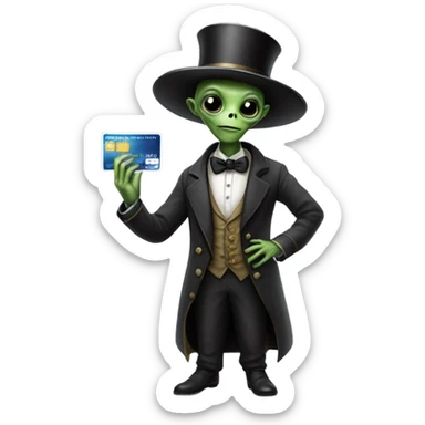 alien galora in Victorian dress elegant, full body, holding big credit card sticker