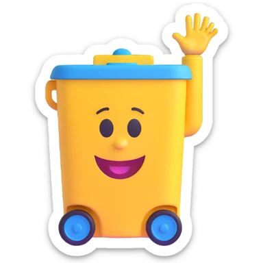 blue bin with a smiling face, waving sticker