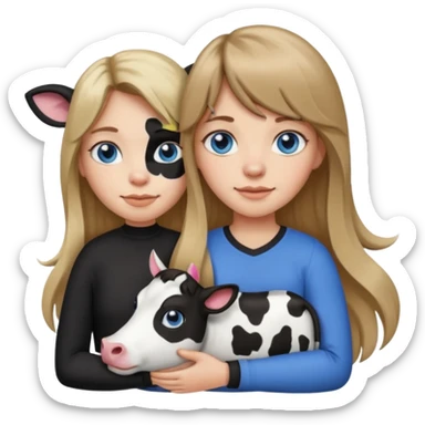 Apple-style emoji sticker of a young woman with long dark blond hair and bang, blue eyes , holding a cat black and white like a cow patch on her chest.  sticker