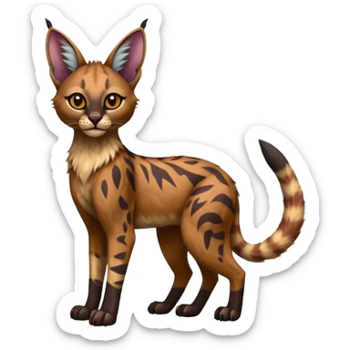 A Colorful  exotic tropical tribal cute happy realistic esoteric patterned fluffy furry dark caracal-Lykoi-bobcat-sphynx-genet-serval-Fakémon-fursona-hybrid-fusion-animal-creature, full body, 4-legged sticker