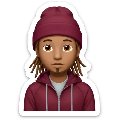 Animate a caramel skinned male with brown dreads and a tan colored  beanie with a burgundy tracksuit on with no beard  sticker
