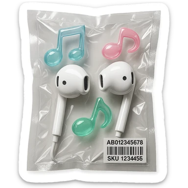 pair of white EarPods with three floating glass music notes in pastel blue, pink, and mint, glossy and inflated sticker