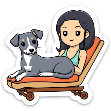 Very thin Chinese woman with long black hair relaxing on a spa lounger with exactly ONE Italian greyhound. CRITICAL REQUIREMENT: the dog must be ONE SOLID VERY DARK CHARCOAL GREY (almost black-grey) COLOR from nose to tail with NO WHITE or LIGHT AREAS anywhere - NO white face, NO white muzzle, NO white chest, NO white paws, NO white tail tip - NOTHING BUT A SINGLE SHADE OF VERY DARK GREY throughout the entire animal sticker