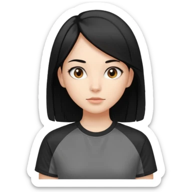 Make a girl with jet black hair that is straight  and length till shoulders| brown eyes | oval head| an aesthetic style| sporty shirt sticker