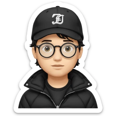 Young man wearing a black puffer jacket, black baseball cap with a small logo, round black glasses, wavy hair peeking out from under the  sticker
