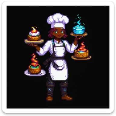 Portrait of a transcendent baker with shifting forms and layered outfits from different realities, glowing with epic energy, skeuomorphism style sticker