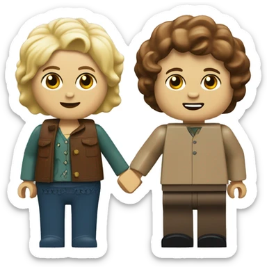 a fat blonde girl and a skinny brown-haired boy as lego people holding hands sticker