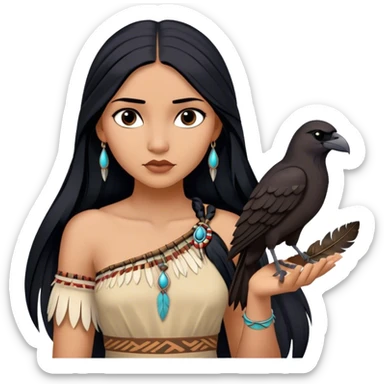 Cinematic Realistic Pocahontas Portrait, depicted with lifelike skin texture, soft natural lighting, and intricately detailed long, flowing raven-black hair that moves gracefully in the wind. Her deep, soulful dark brown eyes exude wisdom and strength, complemented by a serene yet powerful expression. She is shown gently holding a feather in one hand, her other hand resting lightly at her side, embodying the harmonious balance between nature and herself. She is dressed in her classic one-shoulder native American dress, with rich fabric textures and delicate beaded details that catch the light beautifully. The portrait features a soft, sun-kissed glow with a natural, radiant finish, capturing the essence of untamed beauty and deep connection to nature in a realistic and painterly style, evoking a sense of depth and authenticity. sticker