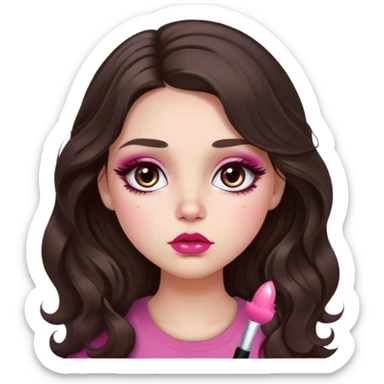 girl with light wheatish skin, dark brown long wavy hair, pouty shiny lips with berry lip gloss, large eyes with eyelashes, pink blush on cheeks, inner eye highlighted with white eyeliner, button nose sticker