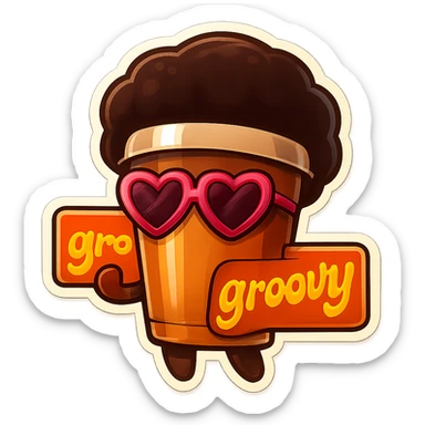 Tall coffee cup, no mouth, afro, heart glasses, holding sign "groovy" sticker