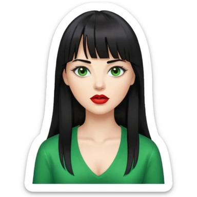A white woman with Long straight hair with bangs, black hair, green eyes and a low-cut shirt sticker