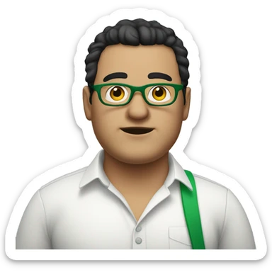 fat white man wearing green pants and white shirt with black hair and round glasses sticker
