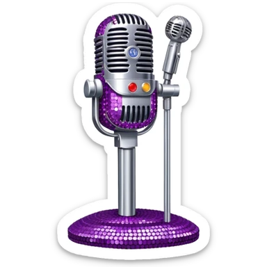 Create a glamorous and vibrant emoji representing stage vocal performance. The design should feature a humanless collage of classic vintage microphone, stage costume covered in rhinestones, sparkling brightly. The costume should be stylized, with glittering elements like sequins and sparkles, and reflect the glitzy, extravagant nature of show business. The microphone should have a sleek, retro look with chrome or metallic accents. Use rich, dazzling colors like gold, silver, deep purple, and bright red to evoke the glamorous, larger-than-life feel of a stage performance. The background should be transparent. sticker