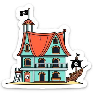 old pirate's house with skull flag sticker