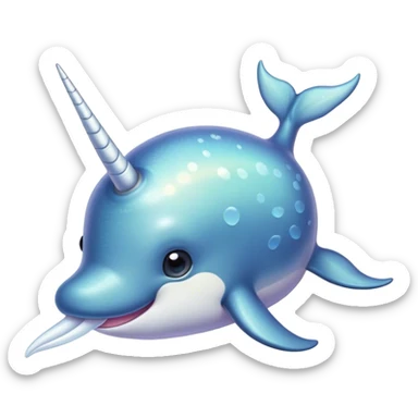 Cinematic Cute Cute Narwhal Portrait Emoji, Head tilted playfully and inquisitively, featuring a charming, sleek body with softly iridescent skin, a prominently spiraled tusk and large, twinkling eyes full of gentle wonder, Simplified yet irresistibly adorable features, highly detailed, glowing with a warm, inviting ocean glow, high shine, affectionate and lively, stylized with a touch of magical sea whimsy, soft glowing outline, capturing the essence of a mischievous yet endearing cute narwhal that seems as if it could frolic out of the screen into your heart! sticker