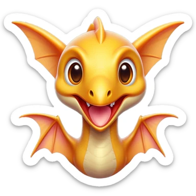 Cinematic Cute Pterodactyl Portrait Emoji, Head tilted playfully with a charming smile, featuring a diminutive, agile form with delicately curved wings and wide, sparkling eyes full of endearing wonder, Simplified yet irresistibly adorable features, highly detailed, glowing with a warm, inviting pastel glow, high shine, affectionate and lively, stylized with a touch of whimsical prehistoric charm, soft glowing outline, capturing the essence of a mischievous yet lovable Pterodactyl that seems as if it could flutter out of the screen into your arms! sticker