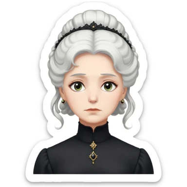 A Victorian woman with elegant coiffed white hair and light eyes wearing a modest black turtleneck mourning dress without jewelry looking down with a forlorn expression sticker