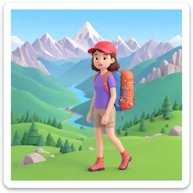 girl back packing mountains in background, close up pose sticker