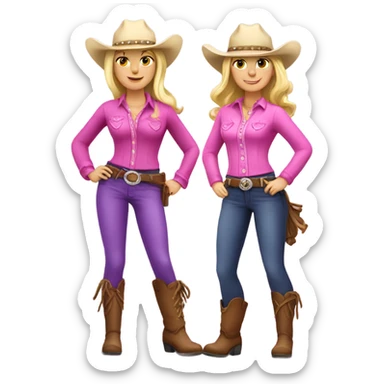 Two blonde cowgirls wearing pink and purple  sticker