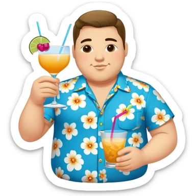 chubby guy full figure in a flowered azure havai shirt holding a cocktail sticker