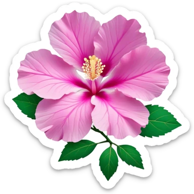 Cinematic Realistic image of a Mugunghwa flower (Rose of Sharon), rendered with delicate petal textures and vibrant pink hues, set against a minimalist background with gentle, diffused lighting that highlights its national significance sticker