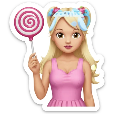 Emma Bunton with long blonde ponytails wearing light pink body dress holding a lollipop sticker