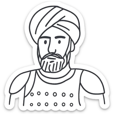 indian man with turban and body armor, hand drawn black outline sticker
