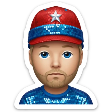 Fred Durst with dark blonde hair, red sequin shirt and hat, blue eye sticker