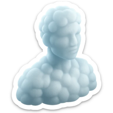 person looking straight, fully made of white fluffy convex clouds, shoulders visible, matte glass style sticker