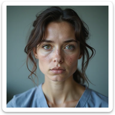 realistic woman with PCOS (polycystic ovary syndrome), face with mild acne, slightly thinning hair, serious expression, hyperrealistic 4K details, clinical environment sticker