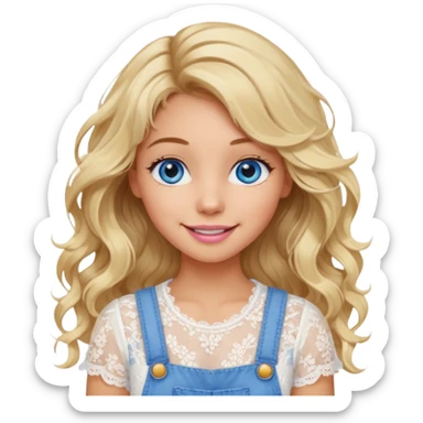 create an emoji of a young woman. She has a gentle look, with long blonde messy but wavy hair, blue eyes, tanned skin, natural soft pink lips. she wears a very white lacy top with an overall sticker