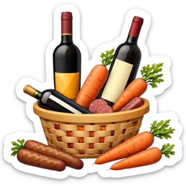 a basket filled with carrots, a bottle of wine, sausages, and a cheese, all visible and arranged together, emoji style sticker