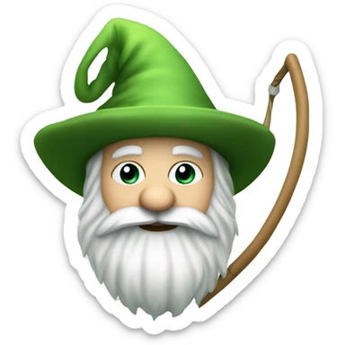 a green gnome with a white beard a green hat and a landing net in the left hand sticker