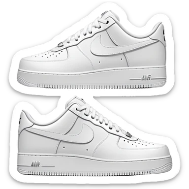 Pair of white Nike Air Force 1 sneakers, one showing the side profile and one showing the front sticker