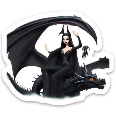 empowered and glamorously  dressed teen Morticia Addams Malibu Beach Barbie Jedi flying/riding on the back of a very large black shiny evil-looking fire-spewing horned dragon. proper scale sticker
