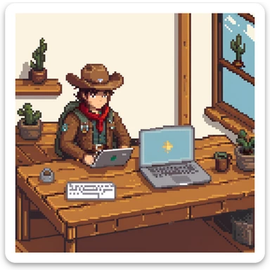 Frontier explorer with cowboy hat using a laptop on a wooden desk sticker