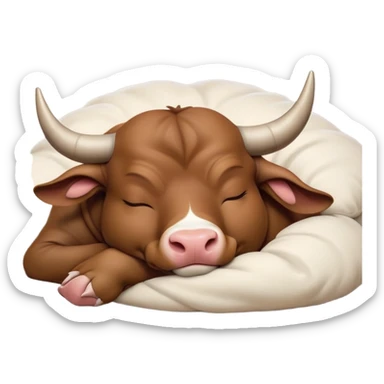 meme-worthy-cute-sleeping-domestic-bull-portrait-emoji,-head-resting-peacefully-with-a-contented-smile,-showcasing-a-robust,-muscular-build-and-a-luxuriously-soft-coat,-eyes-gently-closed-in-serene,-restful-slumber,-simplified,-solid-brown sticker