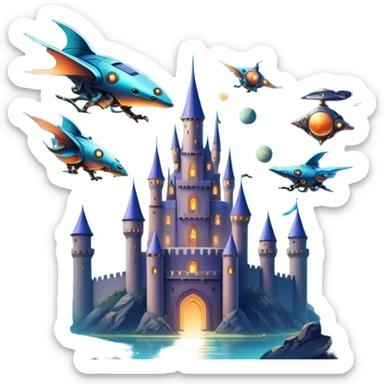 Icon for Fantasy and Sci-Fi Movies: A magical collage with flying dragons. futuristic spaceships and UFOs. Stars and planets shimmer in the background with a mystical castle Hogvards an ancient wizard and robots. The atmosphere is epic, otherworldly and adventurous. Transparent background. sticker
