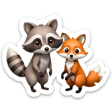 Collage of a raccoon and a fox, in close-up, set in a beautiful forest with tall trees, green bushes, and sunlight filtering through the leaves. Both animals look curious and playful. A vibrant, wild atmosphere with a transparent background. sticker
